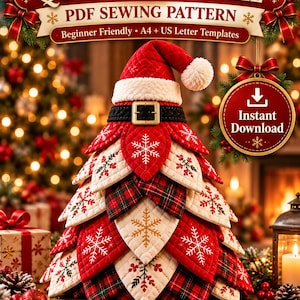 Könnte beinhalten: Ein gesteppter Weihnachtsbaum aus Stoff in Form einer Weihnachtsmannmütze mit roter Steppspitze, weißem Bommel und schwarzem Gürtel mit goldener Schnalle. Der Baum besteht aus geschichteten Blütenblättern mit roten, weißen und grünen Karomustern.