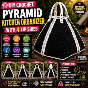 Mönster för virkad pyramidformad köksväska i PDF-format, förvaringsväska för campingköksredskap, reseväska med 4 dragkedjor på sidan, bärbar picknickgryta.