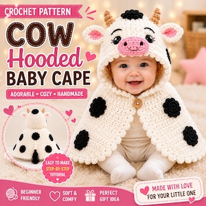 Può includere: Uno schema all'uncinetto per una mantella con cappuccio da neonato a forma di mucca. La mantella è color crema con macchie nere, un muso rosa e piccole corna. Il testo recita CROCHET PATTERN COW Hooded BABY CAPE. Un riquadro mostra il retro con coda.