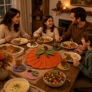 May include: A large orange crochet pumpkin-shaped placemat with green leaves and a brown stem, surrounded by smaller round crochet coasters in various colors including purple, pink, yellow, and white, all arranged on a wooden dining table.
