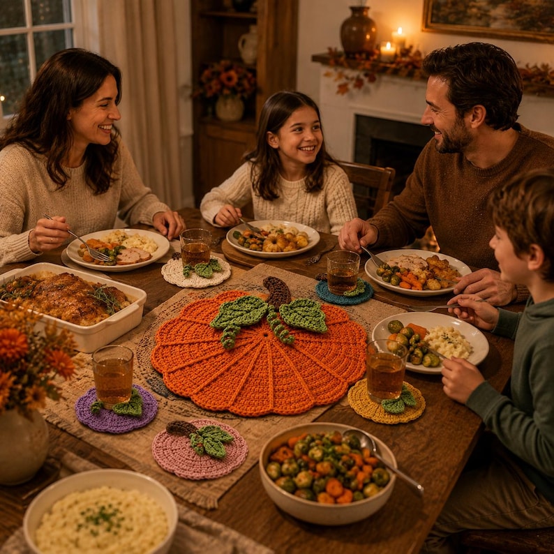 May include: A large orange crochet pumpkin-shaped placemat with green leaves and a brown stem, surrounded by smaller round crochet coasters in various colors including purple, pink, yellow, and white, all arranged on a wooden dining table.