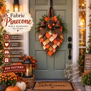 May include: A fabric pinecone wall hanging pattern featuring step-by-step instructions, beginner friendly, A4 and US letter templates, and instant download. The design includes a large pinecone ornament with brown, orange, and yellow fabric scales.