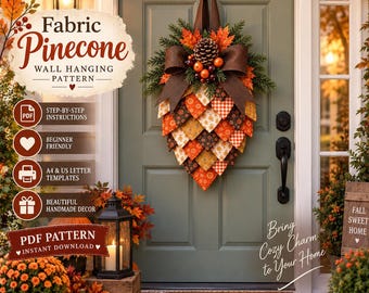 May include: A fabric pinecone wall hanging pattern featuring step-by-step instructions, beginner friendly, A4 and US letter templates, and instant download. The design includes a large pinecone ornament with brown, orange, and yellow fabric scales.