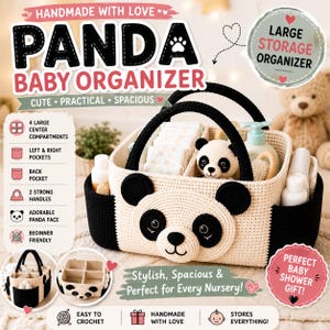 May include: A cream and black crocheted storage organizer featuring a panda face on the front, two black handles, and multiple interior compartments. The organizer is labeled with text including PANDA BABY ORGANIZER and LARGE STORAGE ORGANIZER.