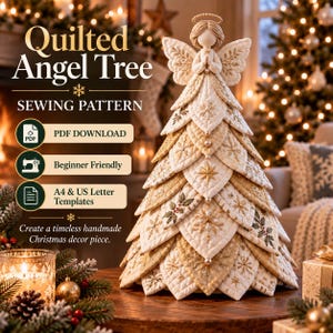 May include: A quilted angel tree sewing pattern featuring a PDF download, beginner friendly instructions, and A4 and US letter templates. The image shows a white and gold fabric angel tree with layered leaf-shaped panels and embroidery.