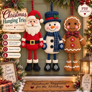 Könnte beinhalten: Ein Schnittmuster für ein hängendes Weihnachts-Trio bestehend aus einem Weihnachtsmann, einem Schneemann und einem Lebkuchenmann. Das Set enthält eine Schritt-für-Schritt-Fotoanleitung sowie Vorlagen in Originalgröße für A4.