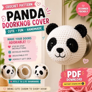 パンダのドアノブカバーの編み図（PDF）、丸いドアノブカバー、かわいいパンダのホームデコレーション、初心者向けかぎ針編みチュートリアル