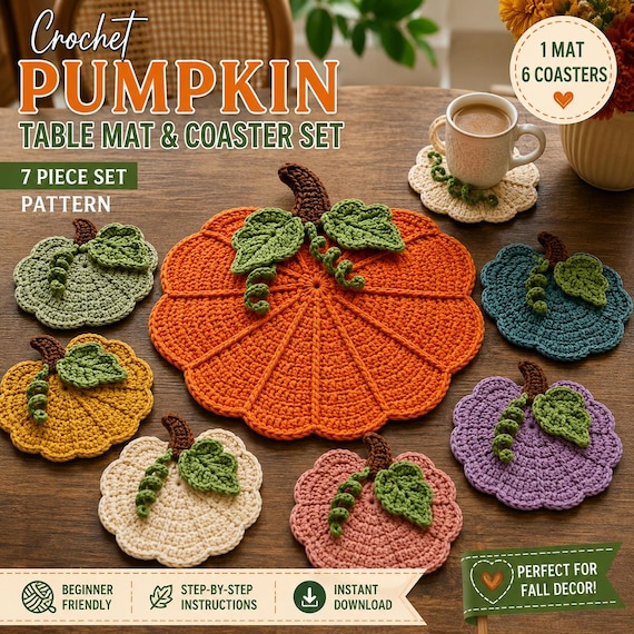 Pumpkin Crochet Table Mat & Coaster Set Pattern PDF, Fall Crochet Decor, Thanksgiving Coaster Pattern, Beginner Crochet