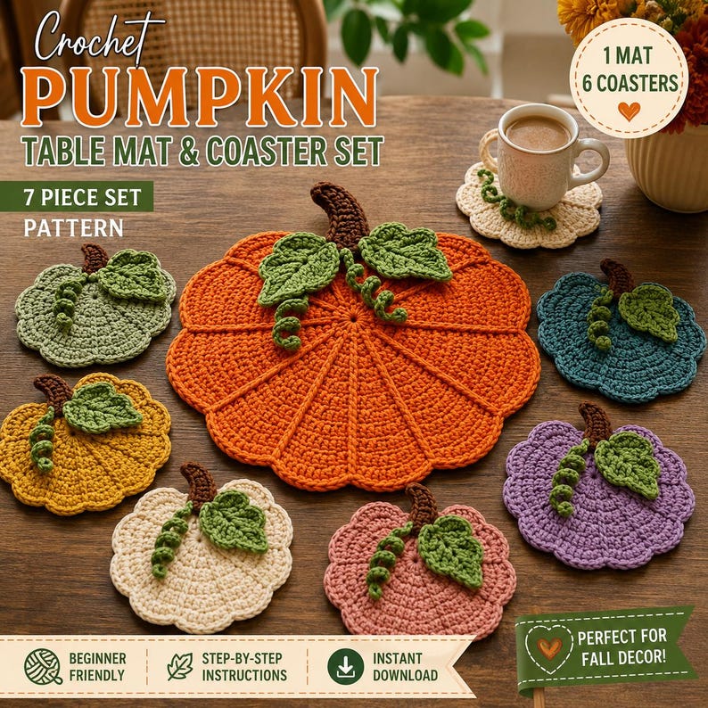 May include: A seven-piece crochet pumpkin table mat and coaster set featuring one large orange pumpkin mat and six smaller pumpkin-shaped coasters in various colors including green, yellow, cream, pink, purple, and blue, each with a brown stem.