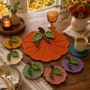 May include: A large orange crochet pumpkin placemat surrounded by six smaller crochet pumpkin coasters in various colors including yellow, cream, green, pink, and purple. Each piece features a brown stem and green crocheted leaves and vines.