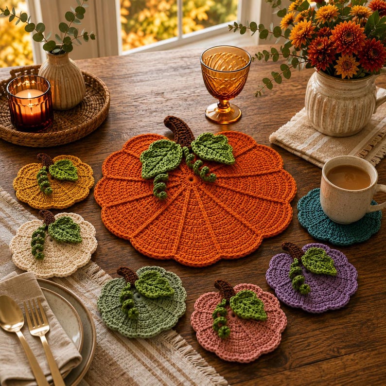 May include: A large orange crochet pumpkin placemat surrounded by six smaller crochet pumpkin coasters in various colors including yellow, cream, green, pink, and purple. Each piece features a brown stem and green crocheted leaves and vines.