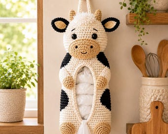 May include: A crochet cow-shaped plastic bag dispenser featuring a cream-colored body with black spots, tan hooves, and tan horns. The dispenser has a central opening to store bags and a bottom opening for dispensing, hanging from a wooden wall hook.