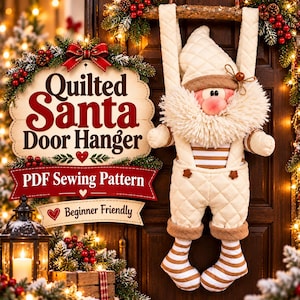 May include: A quilted fabric Santa door hanger with a cream-colored hat, overalls, and striped leggings. The text reads: Quilted Santa Door Hanger, PDF Sewing Pattern, Beginner Friendly. The Santa has a fluffy beard and a round pink nose.