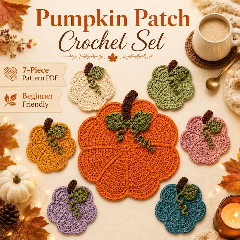 May include: A 7-piece crochet pattern set titled Pumpkin Patch Crochet Set, featuring a large orange pumpkin coaster and six smaller pumpkin coasters in cream, green, yellow, pink, purple, and blue, each with a brown stem and green leaf.
