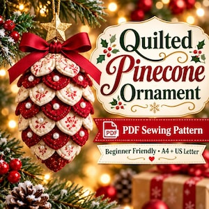 May include: A quilted pinecone ornament featuring red and cream fabric scales with small white pearls, topped with a gold star and a red ribbon bow. The text reads Quilted Pinecone Ornament, PDF Sewing Pattern, Beginner Friendly, A4 + US Letter.