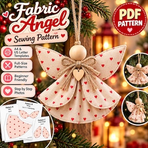 May include: A sewing pattern for a fabric angel ornament featuring a beige cloth with small red hearts, a wooden bead head, and a jute twine bow with a heart charm. The digital file includes A4 and US Letter templates, full-size patterns, and photos.