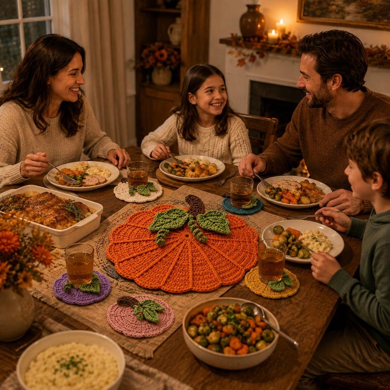 May include: A large orange crochet pumpkin-shaped placemat with green leaves and a brown stem, surrounded by smaller round crochet coasters in various colors including purple, pink, yellow, and white, all arranged on a wooden dining table.