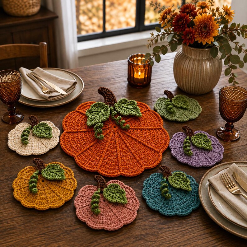 May include: A collection of seven crocheted pumpkin-shaped coasters and one large central pumpkin-shaped mat. The items are crafted in various colors including orange, cream, yellow, pink, teal, purple, and green, each featuring a brown stem and green leaf.