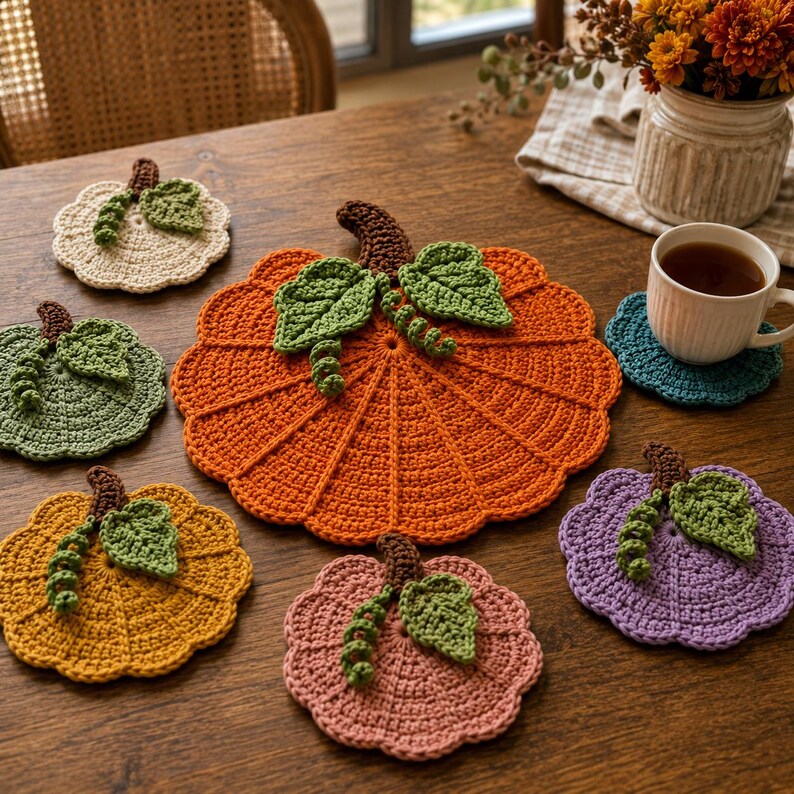 May include: A collection of crochet pumpkin-shaped coasters and a larger matching mat. The set includes various colors such as orange, yellow, green, cream, pink, and purple, each featuring a brown stem, green leaves, and small curly tendrils.