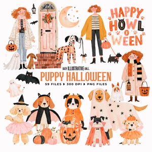 Puede incluir: Un conjunto de ilustraciones digitales estilo acuarela con personajes y perros en disfraces de Halloween, incluyendo calabazas, fantasmas, murciélagos y una puerta rosa. Texto: HAPPY HOWL-O-WEEN, COZY ILLUSTRATIVE COLL, PUPPY HALLOWEEN 59 FILES.