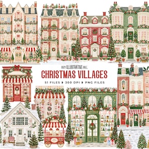 以下が含まれることがあります： クリスマスヴィレッジのイラストコレクション。多層階の建物、店舗、ホットココアカートが描かれ、緑の装飾、赤いリボン、クリスマスライトで飾られています。テキストには「COZY ILLUSTRATIVE COLL CHRISTMAS VILLAGES 51 FILES 300 DPI PNG FILES」と記載されています。