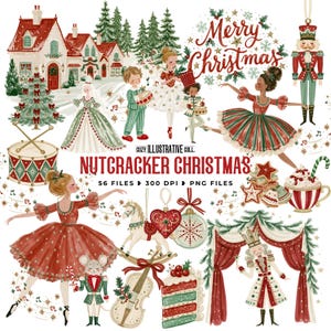 Puede incluir: Una colección de ilustraciones digitales titulada Nutcracker Christmas con imágenes estilo acuarela de bailarines, cascanueces, un pueblo nevado, un tambor, un violín, un pastel, adornos y el texto Merry Christmas, 56 archivos, 300 DPI, PNG.