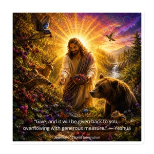 Può includere: Un'illustrazione digitale di una figura in tunica che tiene una ciotola di bacche, circondata da un orso, cervi e uccelli in una foresta. Il testo recita: "Give, and it will be given back to you, overflowing with generous measure." — Yeshua. Journey of Sacred Integration.