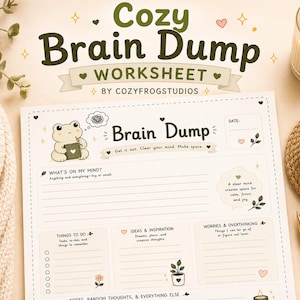 Può includere: Un "Foglio di lavoro Cozy Brain Dump" con un'illustrazione di rana, progettato per aiutare a organizzare i pensieri. Il foglio di lavoro include sezioni per compiti, idee e preoccupazioni. Sono visibili anche una candela, una tazza di caffè e una penna.