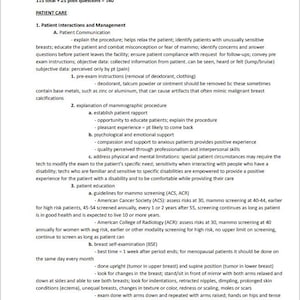Könnte beinhalten: Ein schwarz-weißes Dokument mit dem Titel Patient Care, das 14 Fragen zur Patientenversorgung, 33 Fragen zur Bildproduktion und 68 Fragen zu Verfahren auflistet. Der Text beschreibt Richtlinien für Patientenkommunikation, Mammographie und Selbstuntersuchung.
