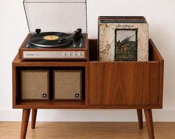 Handmade Solid Wood Turntable Stand, Vinyl Record Storage Cabinet, Mid Century Record Player Console Table