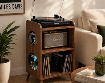 Handmade Solid Wood Record Player Stand with Vinyl Storage, Mid Century Turntable Cabinet, Pine Wood Vinyl Shelf, Japandi Decor
