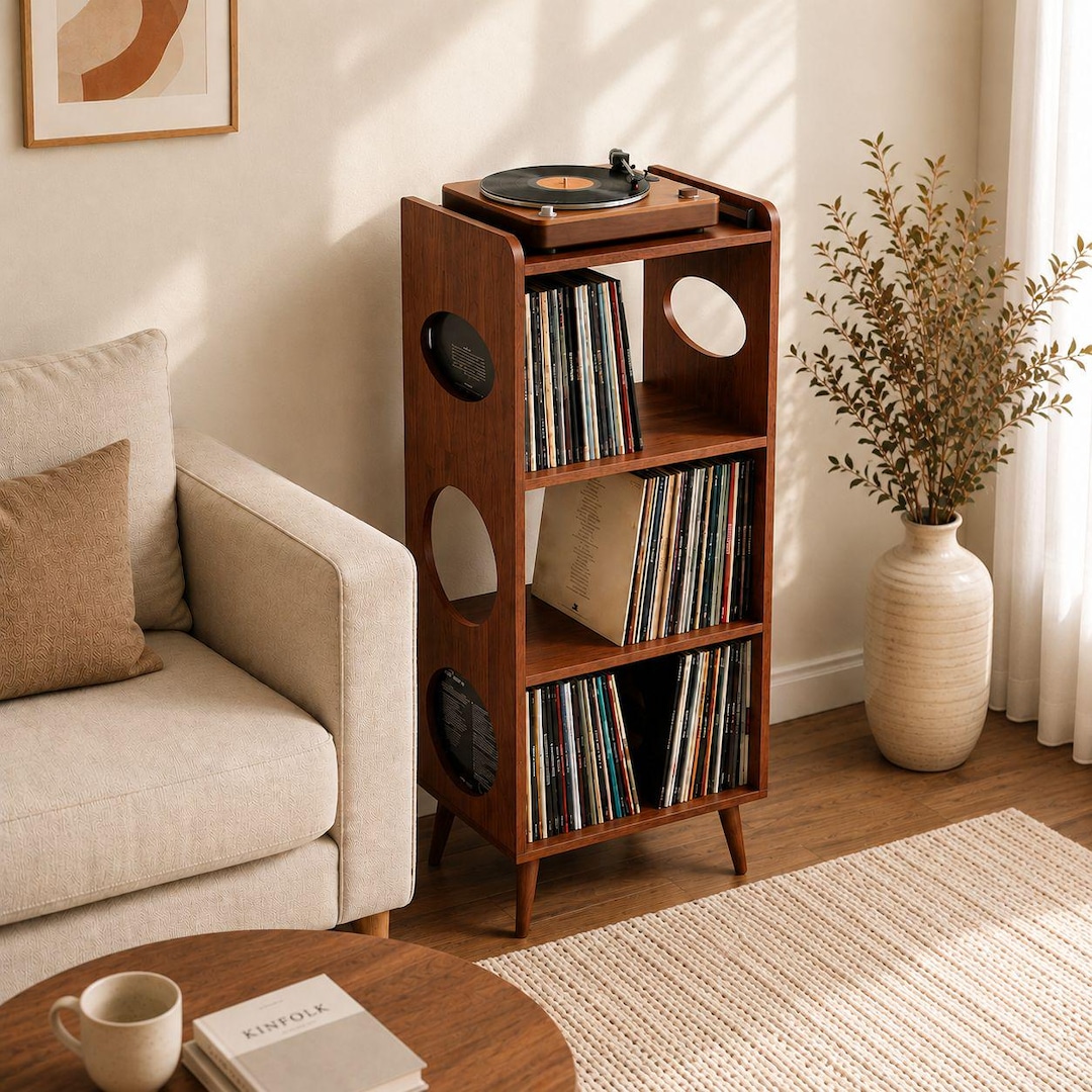 Mid Century Modern Record Player Stand, Vinyl Storage Cabinet, Solid ...