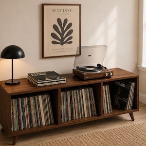 Soporte para tocadiscos de madera maciza hecho a mano, mueble para guardar discos de vinilo, consola multimedia de mediados de siglo, soporte para tocadiscos escandinavo