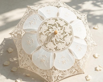 Franse vintage kanten parasol, geborduurde kanten trouwparasol, decoratieve bruidsparasol