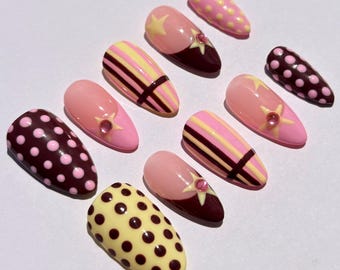 MOCHA POLKA | Hand Painted Press On Nails | Polka Dot French Tips, Stars, Gems