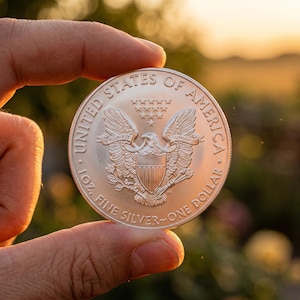 Puede incluir: Una moneda de plata de un dólar sostenida entre los dedos, con un águila con las alas extendidas y el texto "UNITED STATES OF AMERICA". La moneda está marcada "1 OZ. FINE SILVER - ONE DOLLAR".