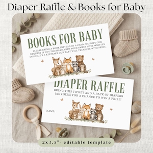 Könnte beinhalten: Zwei rechteckige weiße Karten mit Waldtierillustrationen und grünem Text. Eine Karte zeigt BOOKS FOR BABY, die andere DIAPER RAFFLE. Die Karten messen 5,08x8,89 cm und enthalten Grafiken von einem Reh, Fuchs, Bären, Waschbären und einer Eule.