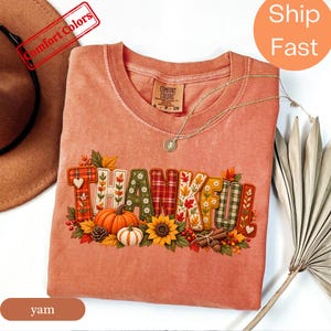 Thankful Shirt, Autumn Thanksgiving T-Shirt, Patchwork Pumpkin Graphic Tee (CC643)