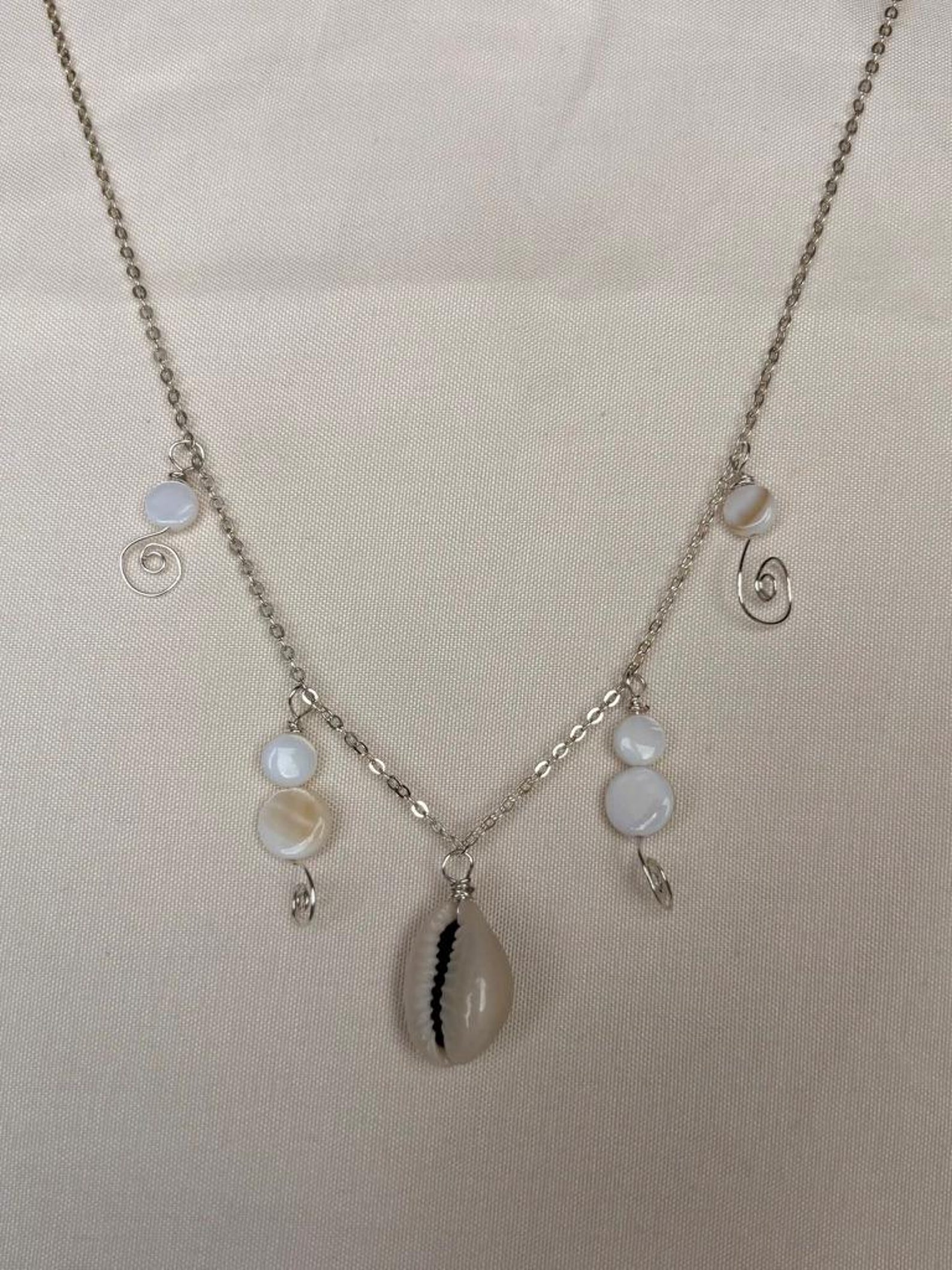 Silver Cowrie Shell Pendant Necklace With Spiral Charms & Shell Circle ...