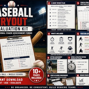 May include: Baseball tryout evaluation kit with coach assessment forms. Includes a clipboard with a coach evaluation sheet, a baseball, and a bat. Features a 2-hour tryout plan, evaluation scorecards, and position rankings. Includes 10+ pages.