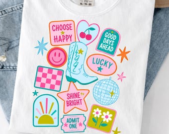 Lucky Vibes PNG, grafica portafortuna preppy, design per maglietta con fiocco civettuolo, maglietta portafortuna PNG, download virale colorato