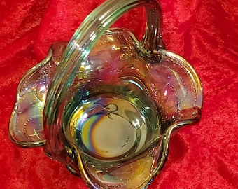 Deep green carnival glass basket Fenton