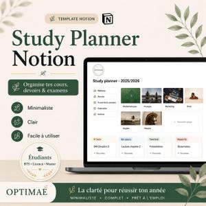 Peut inclure: Un modèle de planificateur d'études numérique pour Notion affiché sur un écran d'ordinateur portable. L'interface comprend des sections pour les matières, les devoirs et un calendrier pour l'année académique 2025/2026 avec des accents vert foncé.