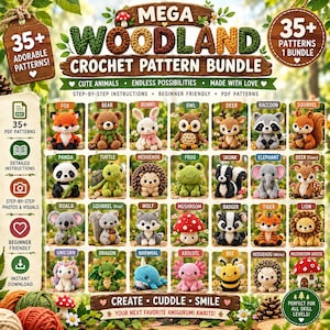 May include: A digital advertisement for a Mega Woodland Crochet Pattern Bundle featuring 35+ PDF patterns. The image displays a grid of 28 crocheted amigurumi figures including animals like a fox, bear, bunny, owl, deer, raccoon, and squirrel.