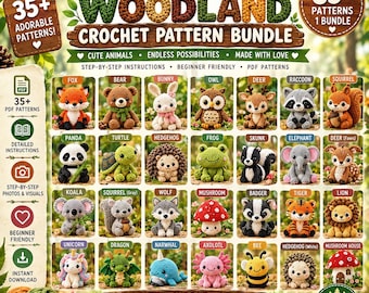 May include: A digital advertisement for a Mega Woodland Crochet Pattern Bundle featuring 35+ patterns. The image displays a grid of 30 small crocheted amigurumi figures including animals like a fox, bear, bunny, owl, and various woodland creatures.