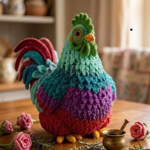 Può includere: Un gallo all'uncinetto fatto a mano, con una vivace miscela di colori blu, verde, viola e rosso. Il gallo è decorato con rose all'uncinetto e un piccolo mortaio e pestello in ottone su una superficie di legno.