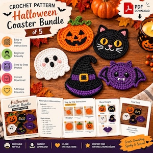 Puede incluir: Un patrón de ganchillo digital para un paquete de 5 posavasos de Halloween, que incluye una calabaza, un gato negro, un fantasma, un sombrero de bruja y un murciélago. El conjunto incluye instrucciones paso a paso y listas de materiales.