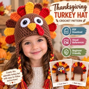 May include: A crochet pattern for a Thanksgiving turkey hat featuring a brown cap with large white and black eyes, a yellow beak, a red wattle, and a colorful fan of red, orange, and yellow feathers. Includes braided earflaps with tassels.
