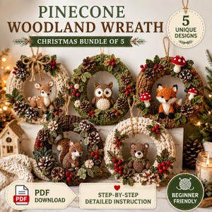 May include: A bundle of five crocheted wreaths featuring woodland animals including a deer, owl, fox, squirrel, and bear. Each wreath is decorated with crocheted pinecones, red berries, and green leaves. Text includes PINECONE WOODLAND WREATH, CHRISTMAS BUNDLE OF 5, 5 UNIQUE DESIGNS, PDF DOWNLOAD, STEP-BY-STEP DETAILED INSTRUCTION, and BEGINNER FRIENDLY.