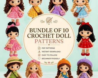 Pacchetto di 10 modelli per bambole all'uncinetto / Bambole amigurumi, vestiti e accessori per bambine (download in PDF)